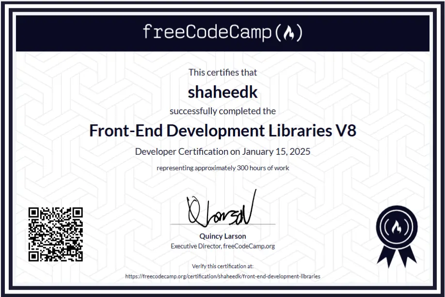 The certificate for completing the 'Front-End Development Libraries' course from the freeCodeCamp organization.