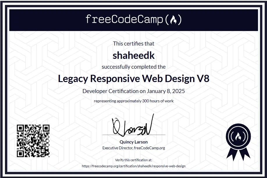 The certificate for completing the 'Responsive Web design' course from the freeCodeCamp organization.